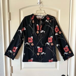Vintage Floral Retro Print Trissi black Tie Neck Blouse